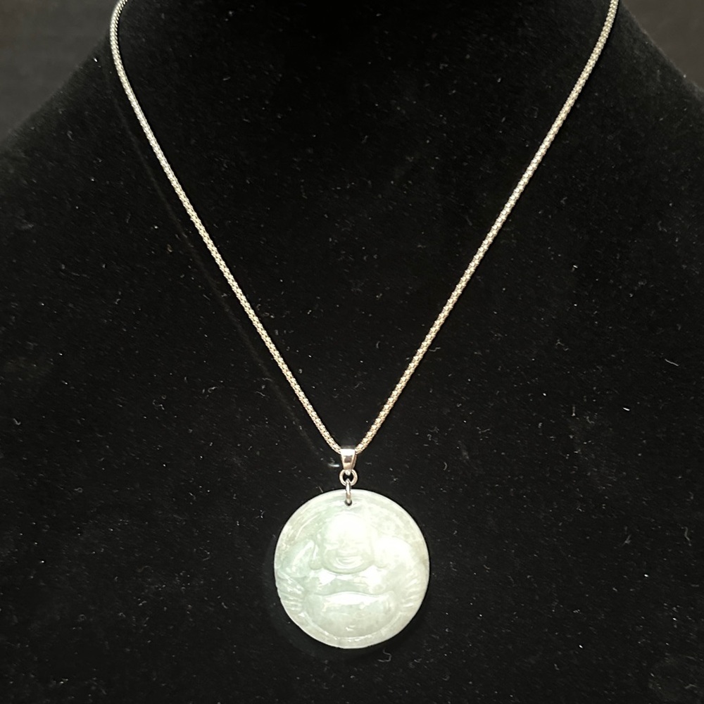 Elegant Jadeite Laughing Buddha Pendant Necklace on 925 Silver